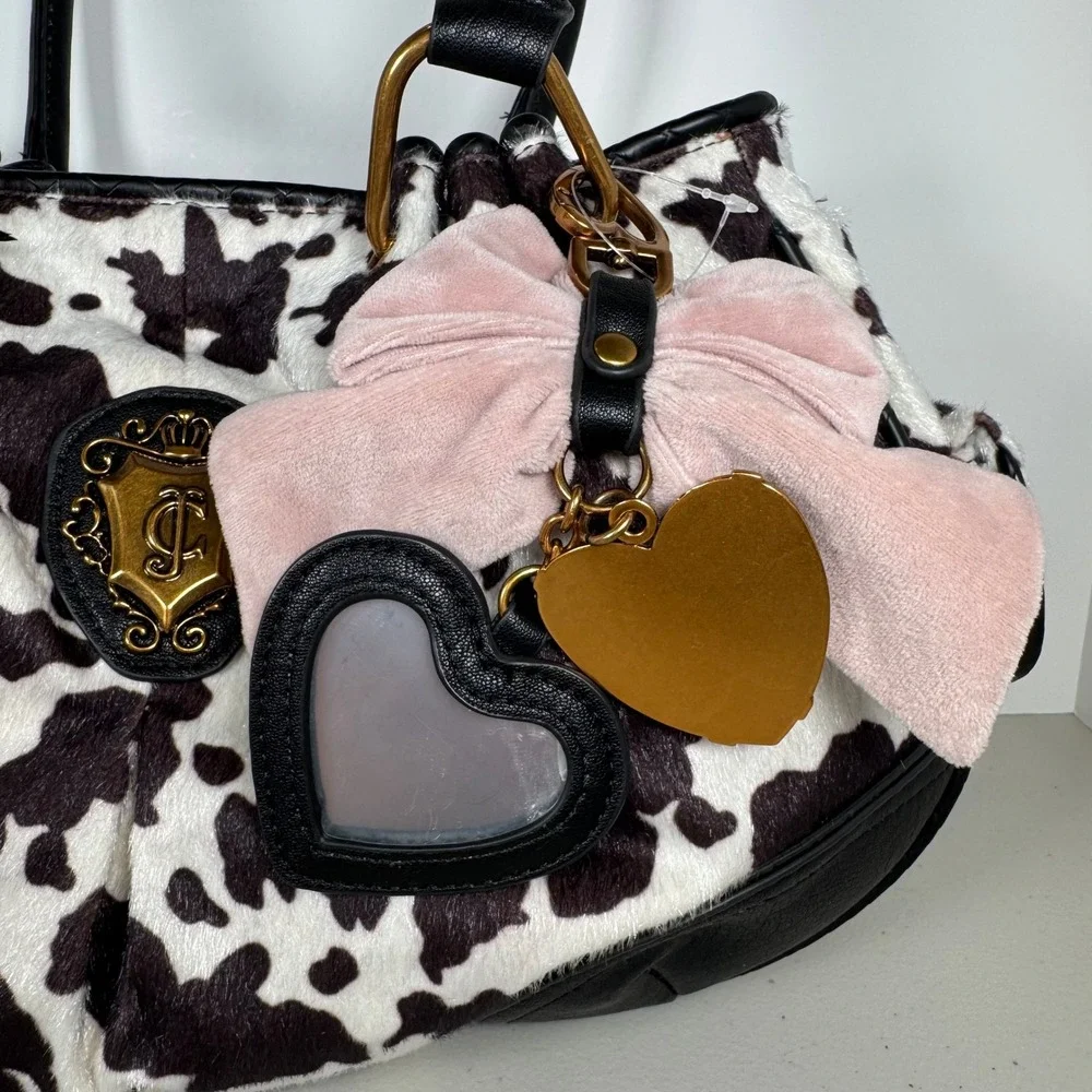 Juicy Couture Romance Cow Print Satchel Bag Faux Fur Pink Bow Heart Charm BW